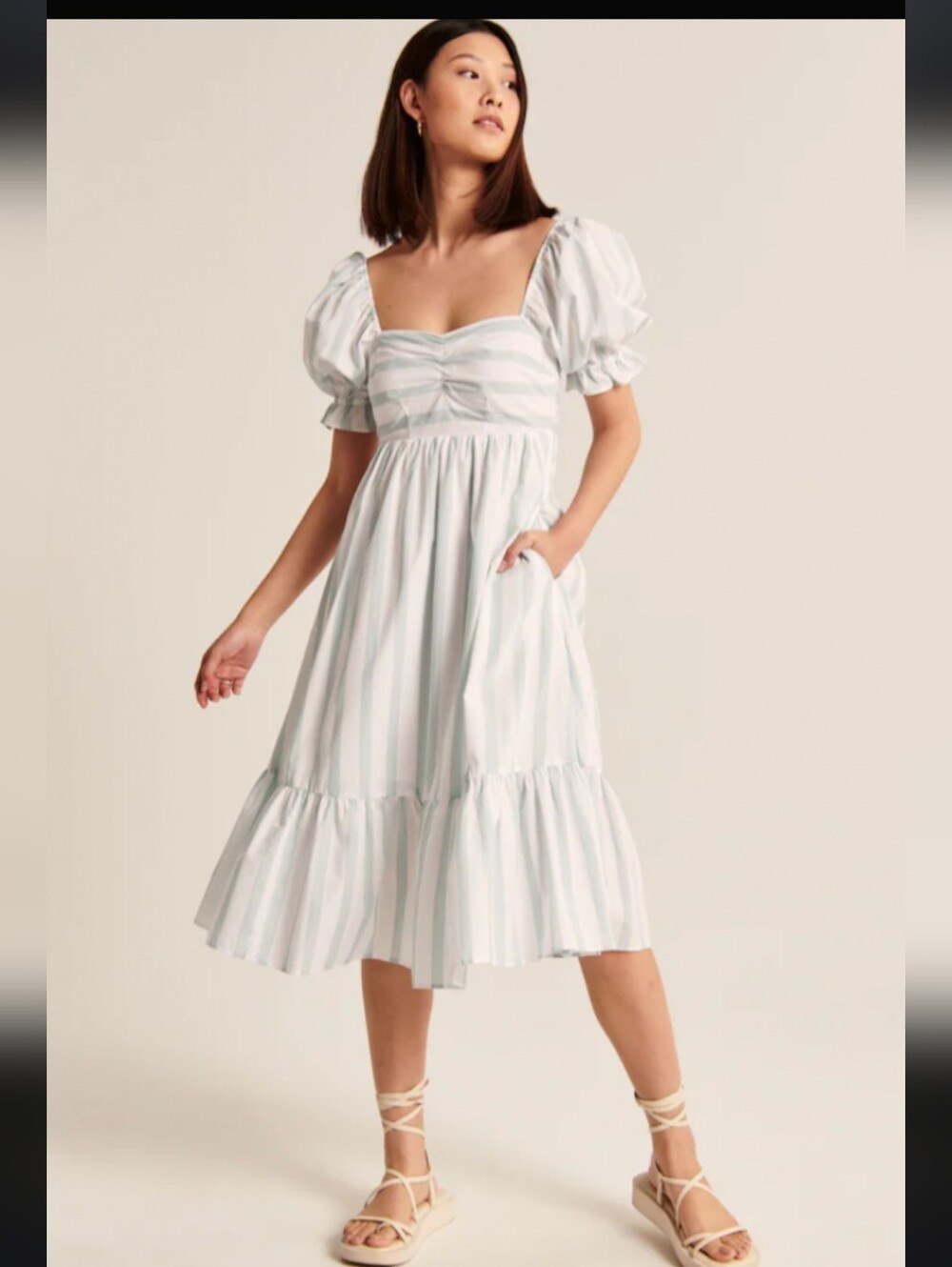 Abercrombie Light Blue & White Striped Puff Sleeve Midi Dress